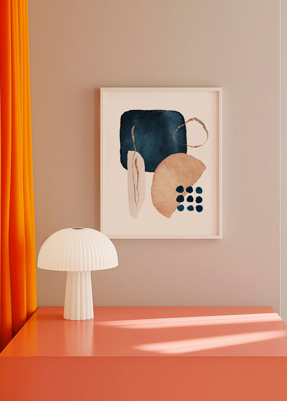 Abstrakt konst akvarell marinblå och beige