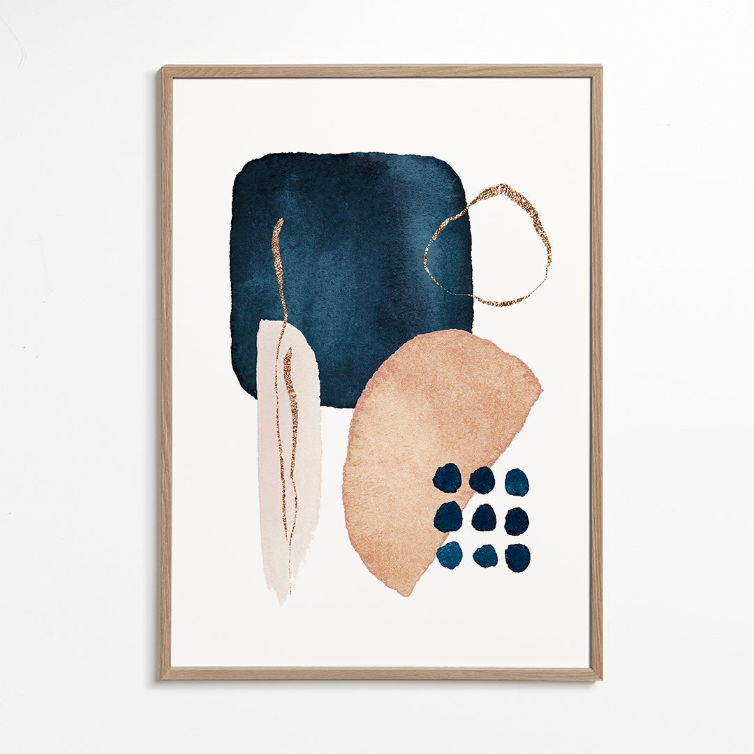 Abstrakt konst akvarell marinblå och beige