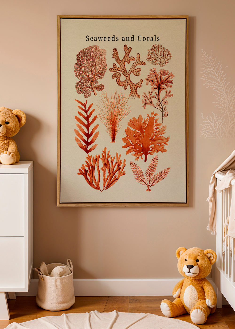 Botanisk poster: alger och koraller i sepia