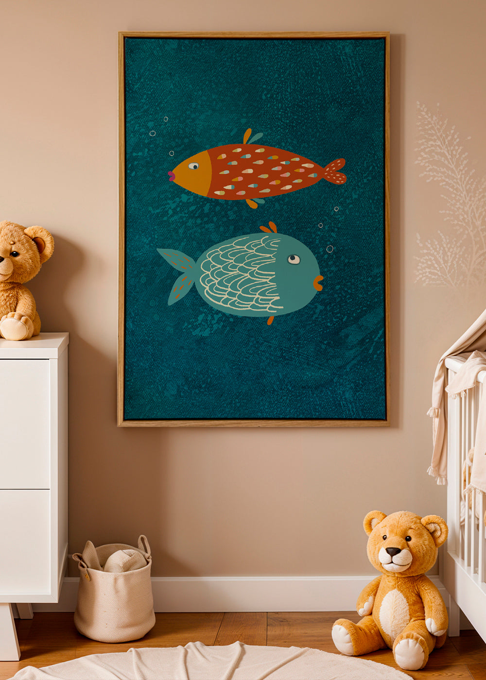 Poster lekfulla fiskar på blå bakgrund