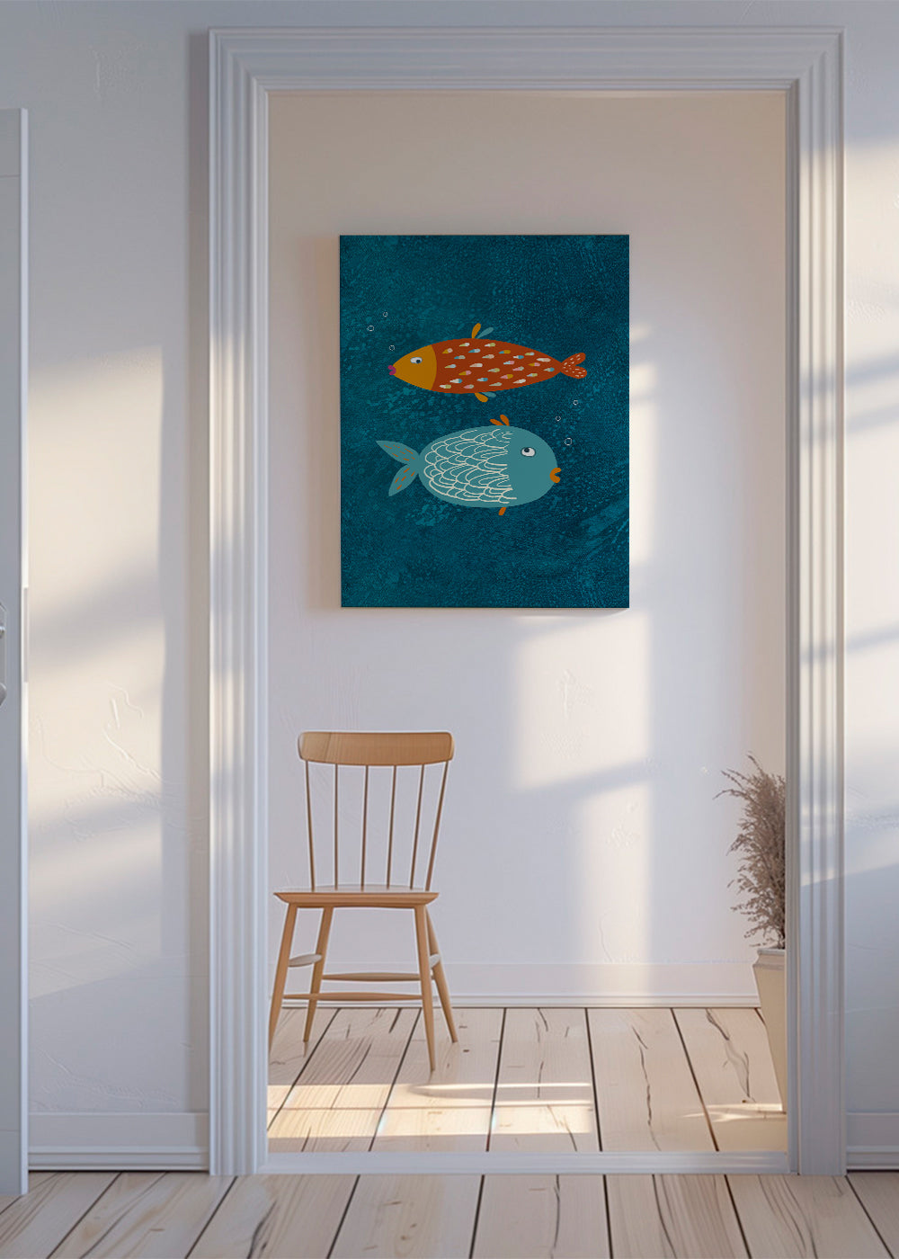 Poster lekfulla fiskar på blå bakgrund