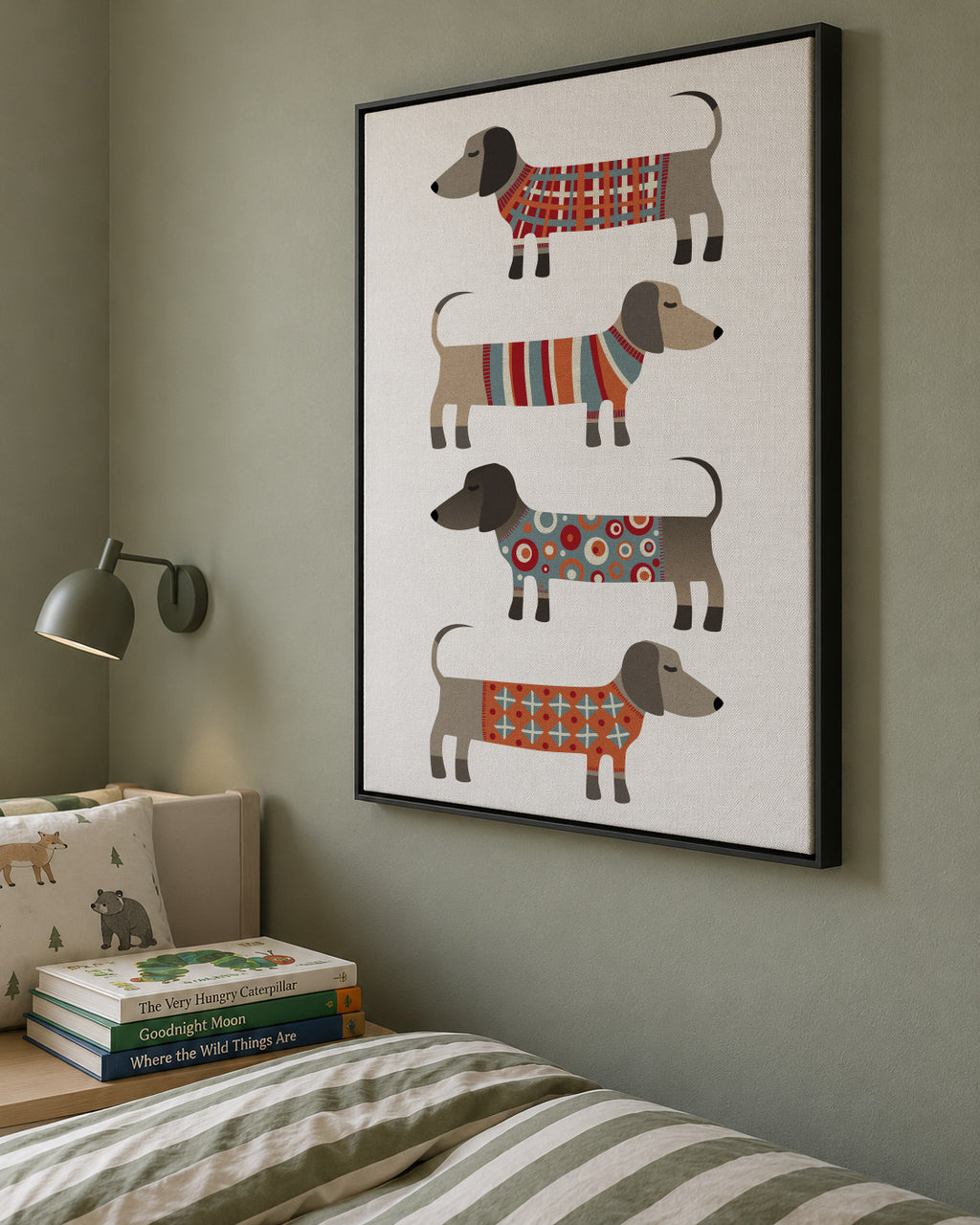 Sausage Dogs in Sweaters - Framed canvas in an interior