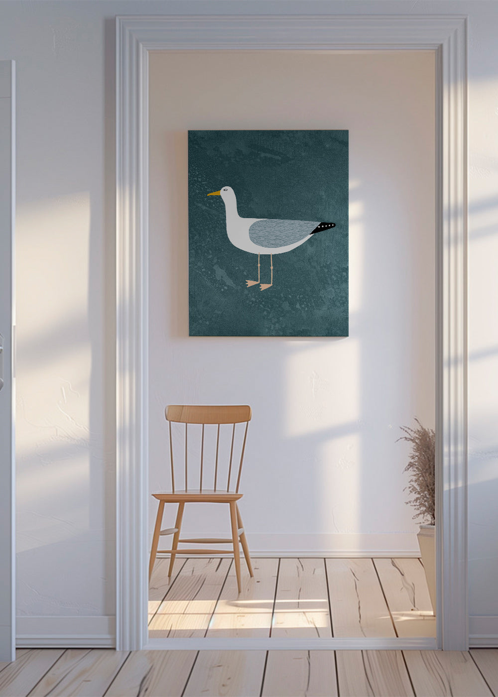 Måsillustration på blå bakgrund