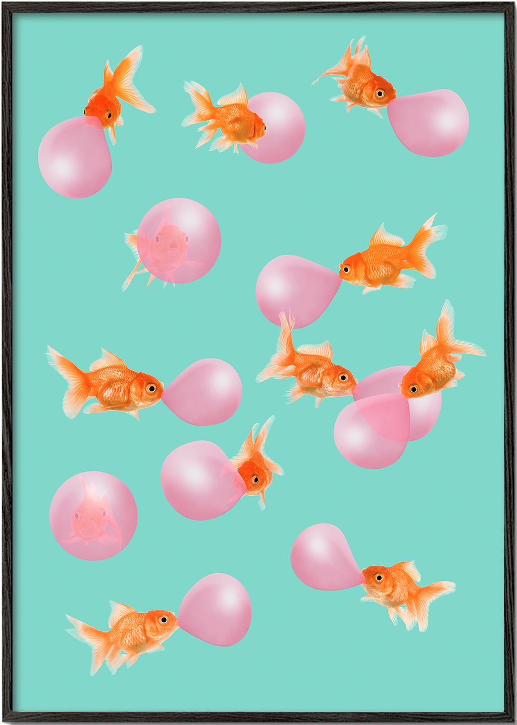 Konstverk guldfisk med rosa bubblor