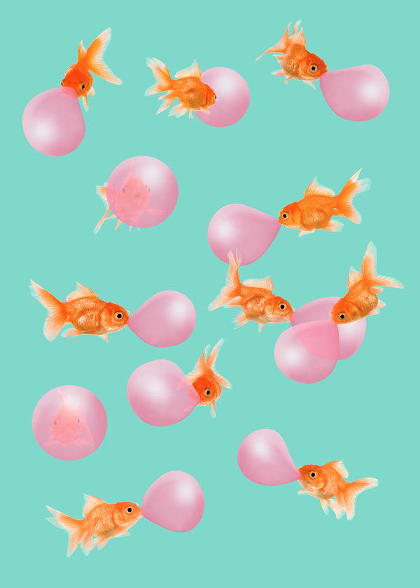 Konstverk guldfisk med rosa bubblor