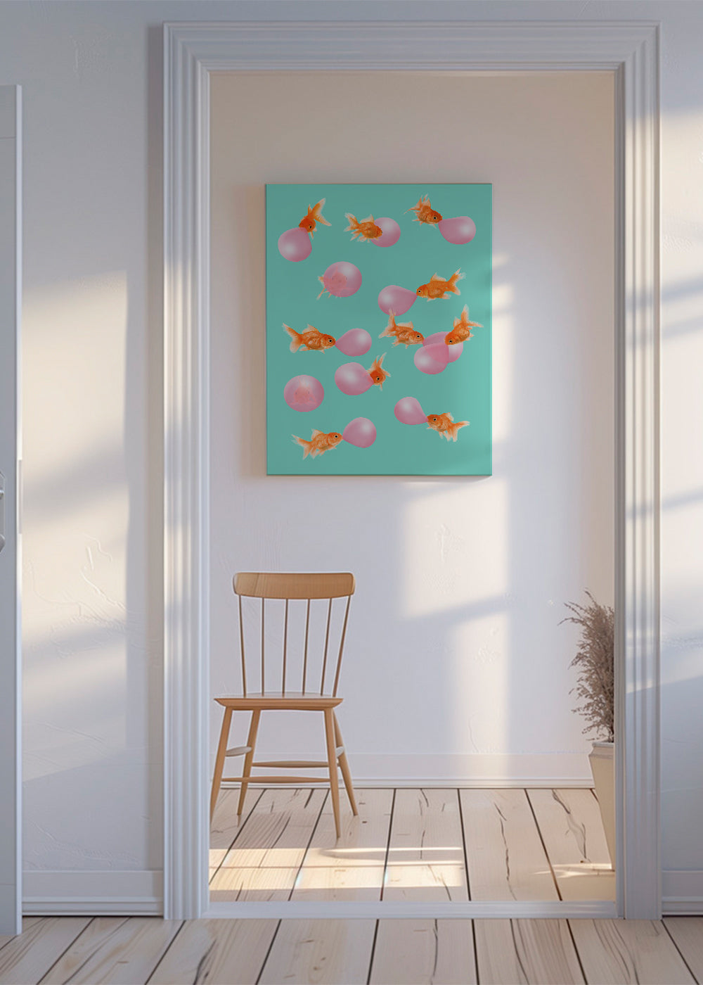 Konstverk guldfisk med rosa bubblor