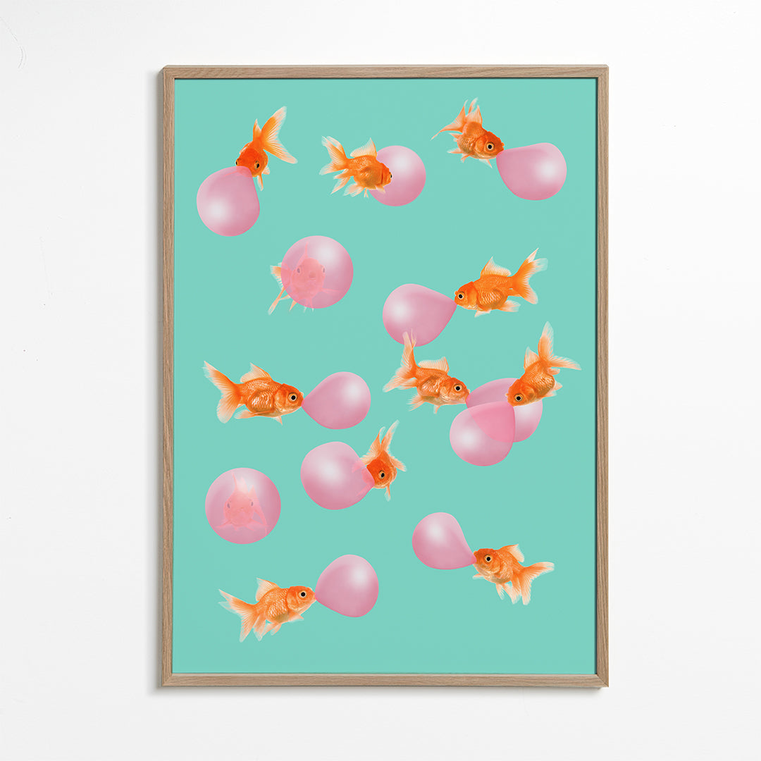 Konstverk guldfisk med rosa bubblor