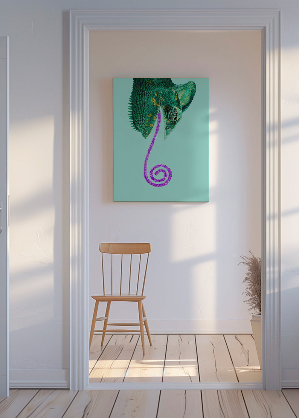 Konst kameleont grön med spiral-tunga