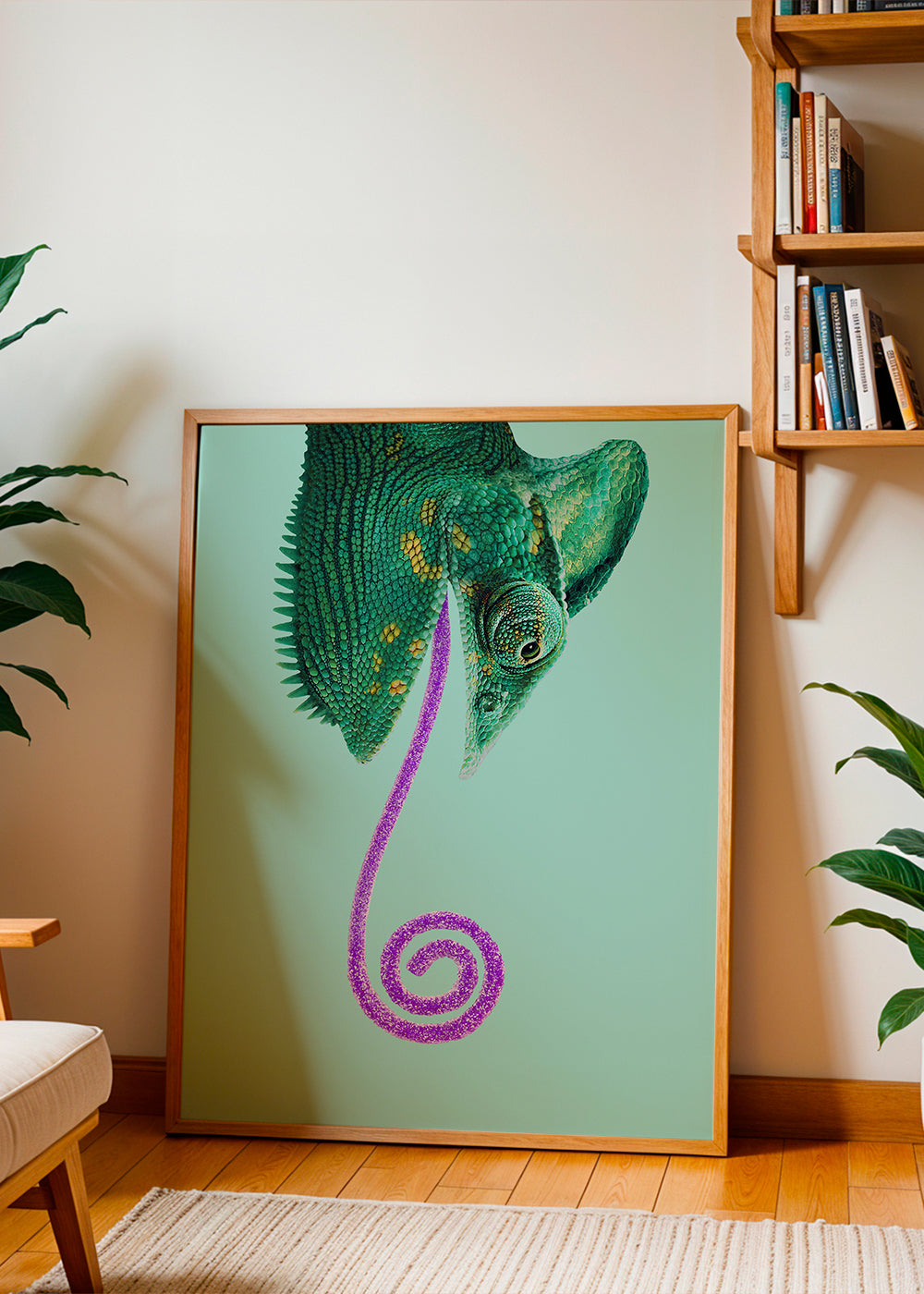 Konst kameleont grön med spiral-tunga
