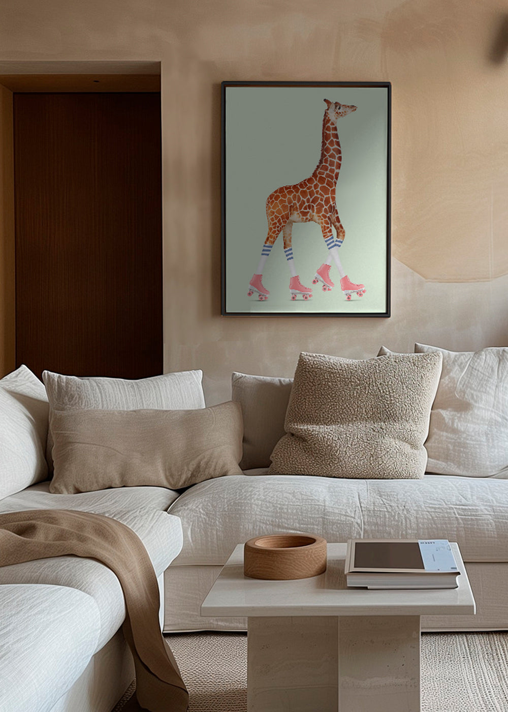 Konst giraff på rosa rullskridskor