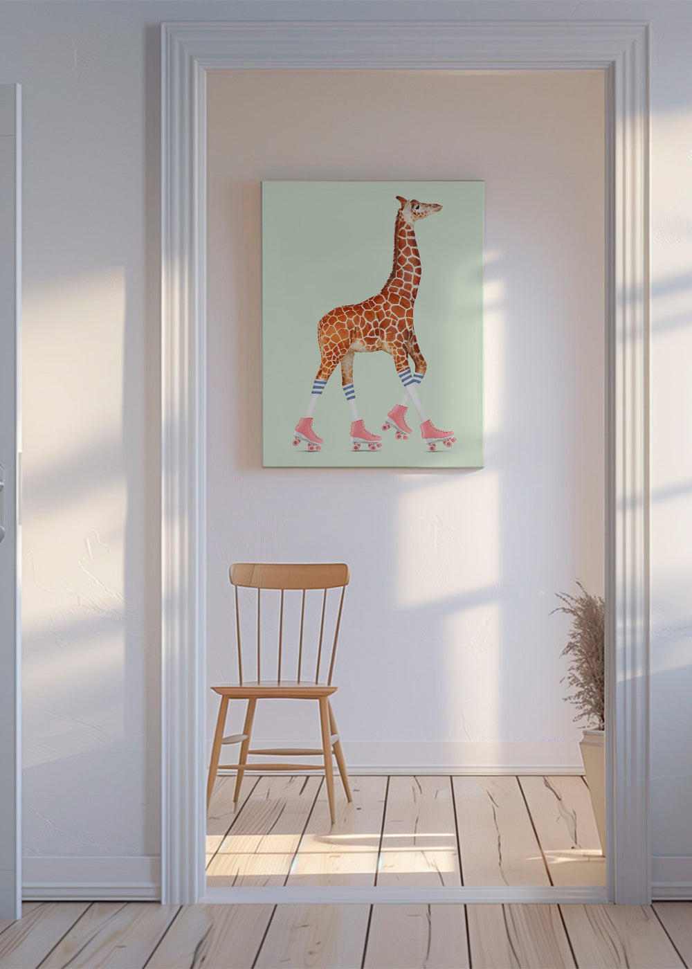 Konst giraff på rosa rullskridskor