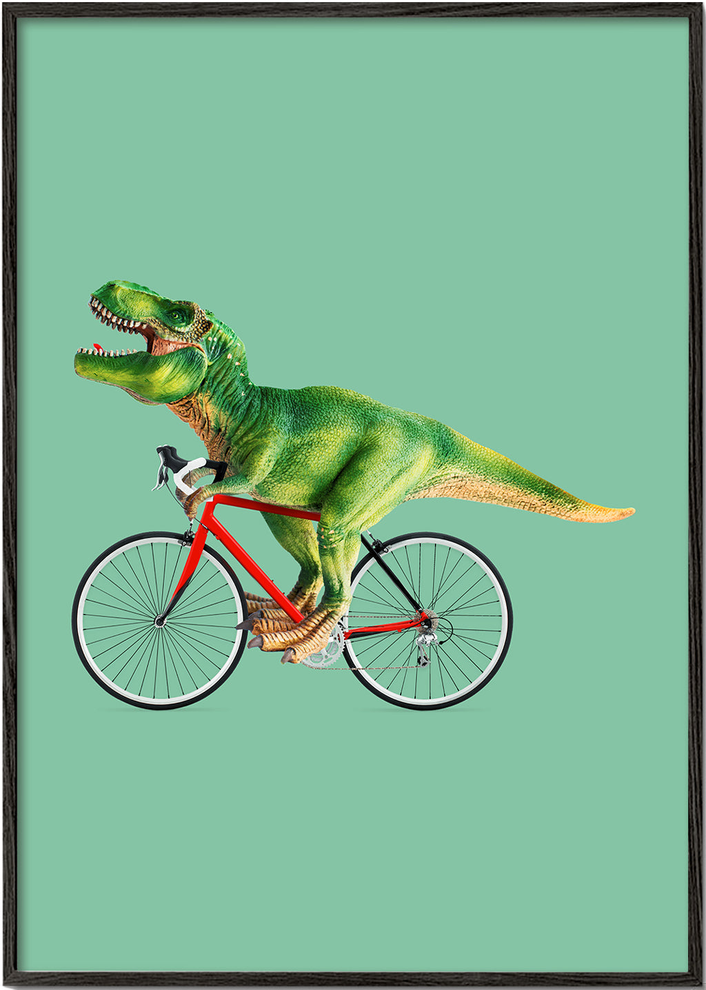 Konstverk T-Rex på cykel med grön bakgrund