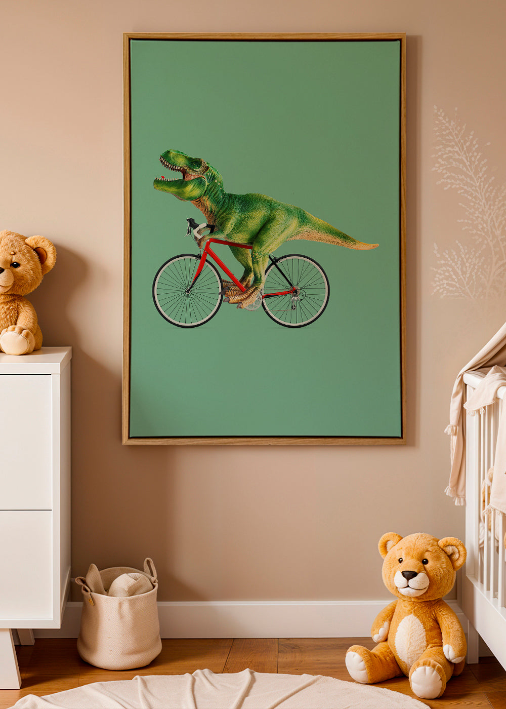 Konstverk T-Rex på cykel med grön bakgrund
