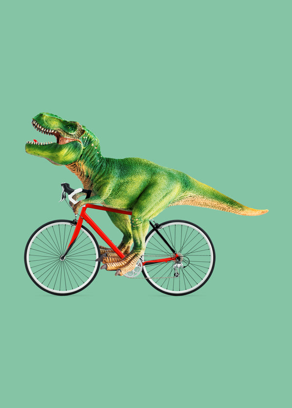 Konstverk T-Rex på cykel med grön bakgrund