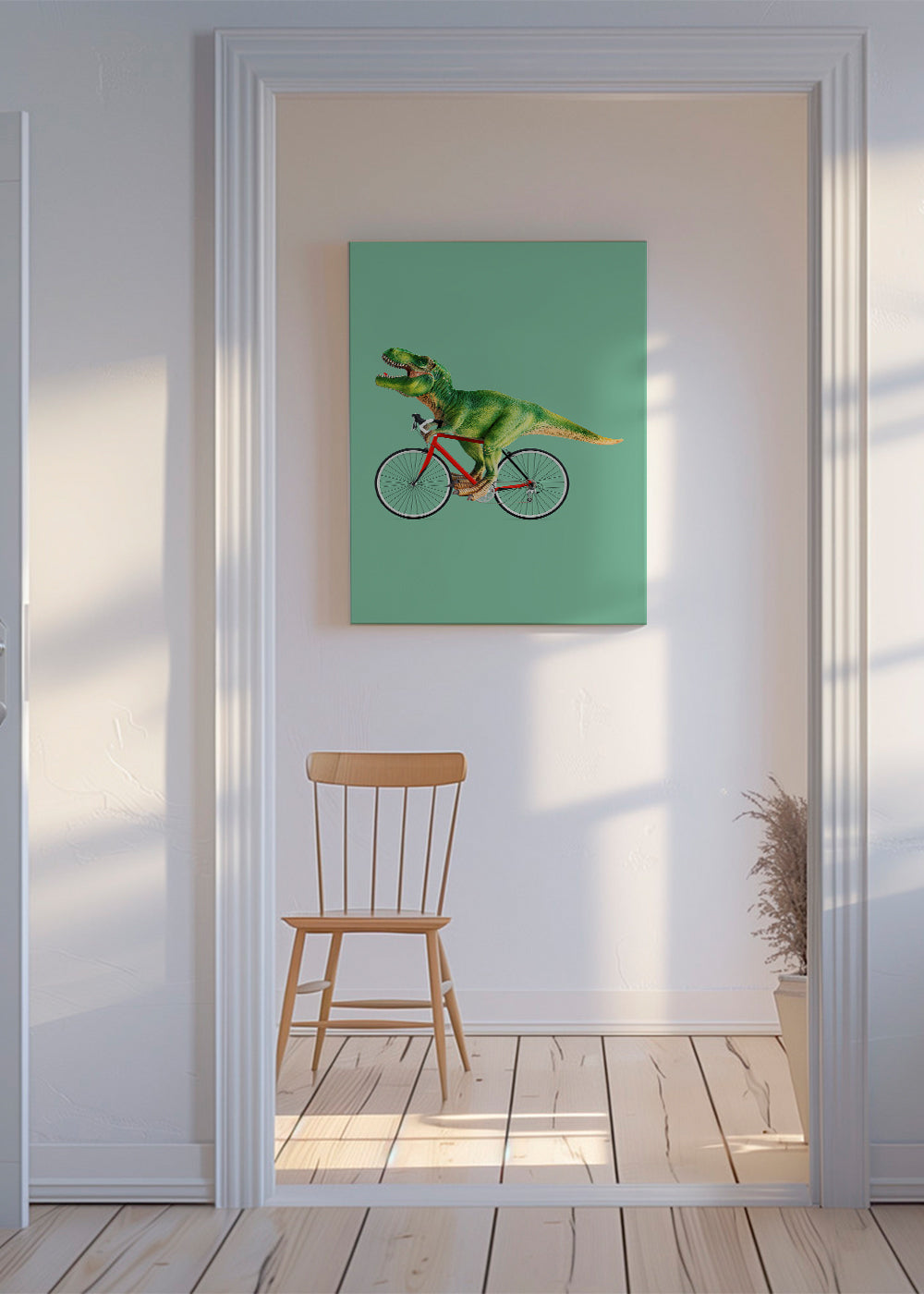 Konstverk T-Rex på cykel med grön bakgrund