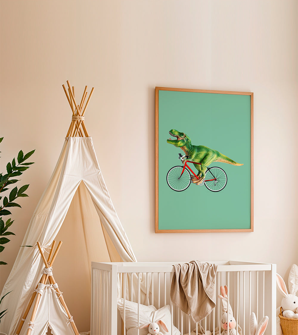 Konstverk T-Rex på cykel med grön bakgrund