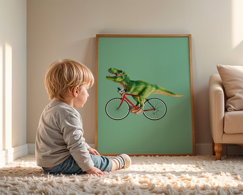 Konstverk T-Rex på cykel med grön bakgrund