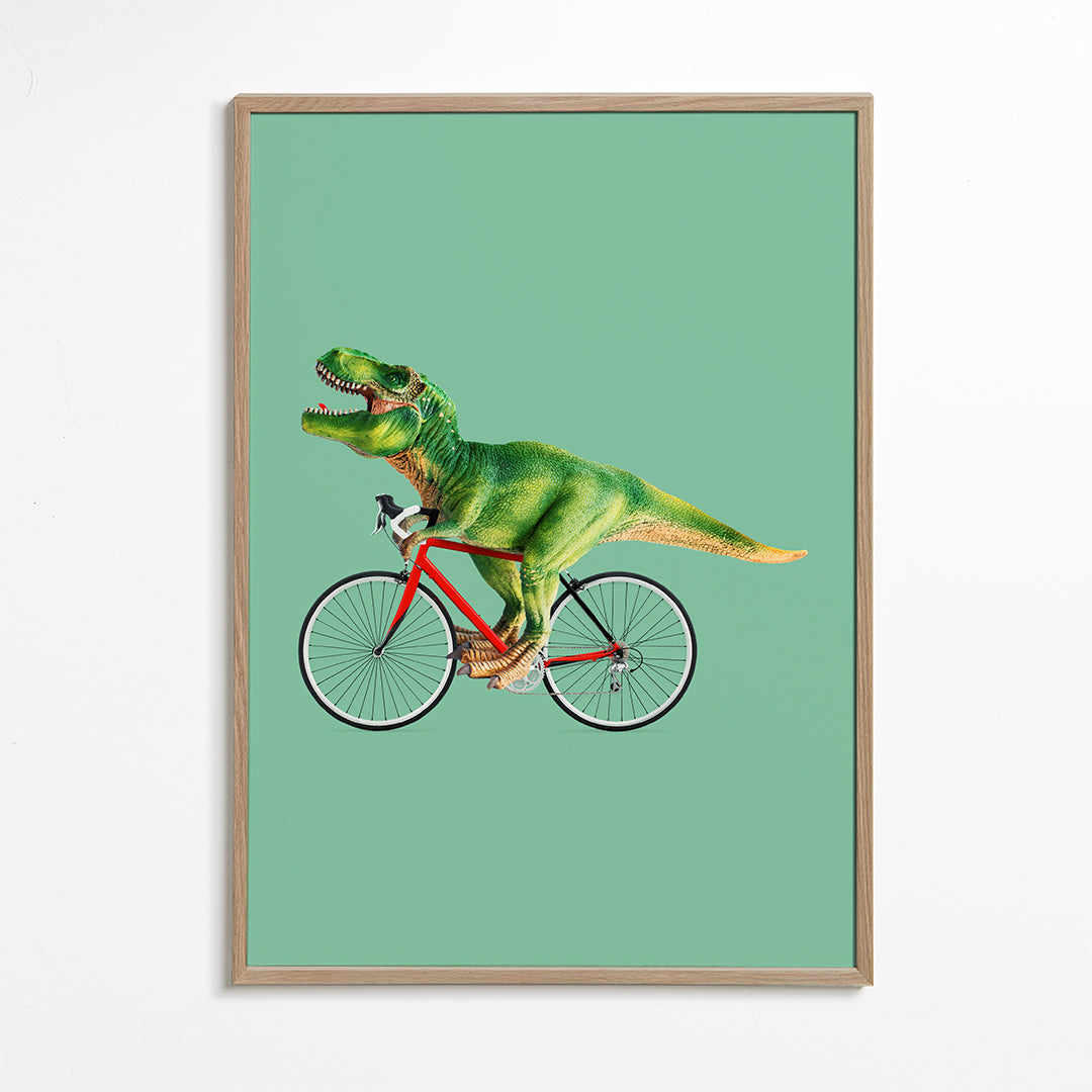 Konstverk T-Rex på cykel med grön bakgrund