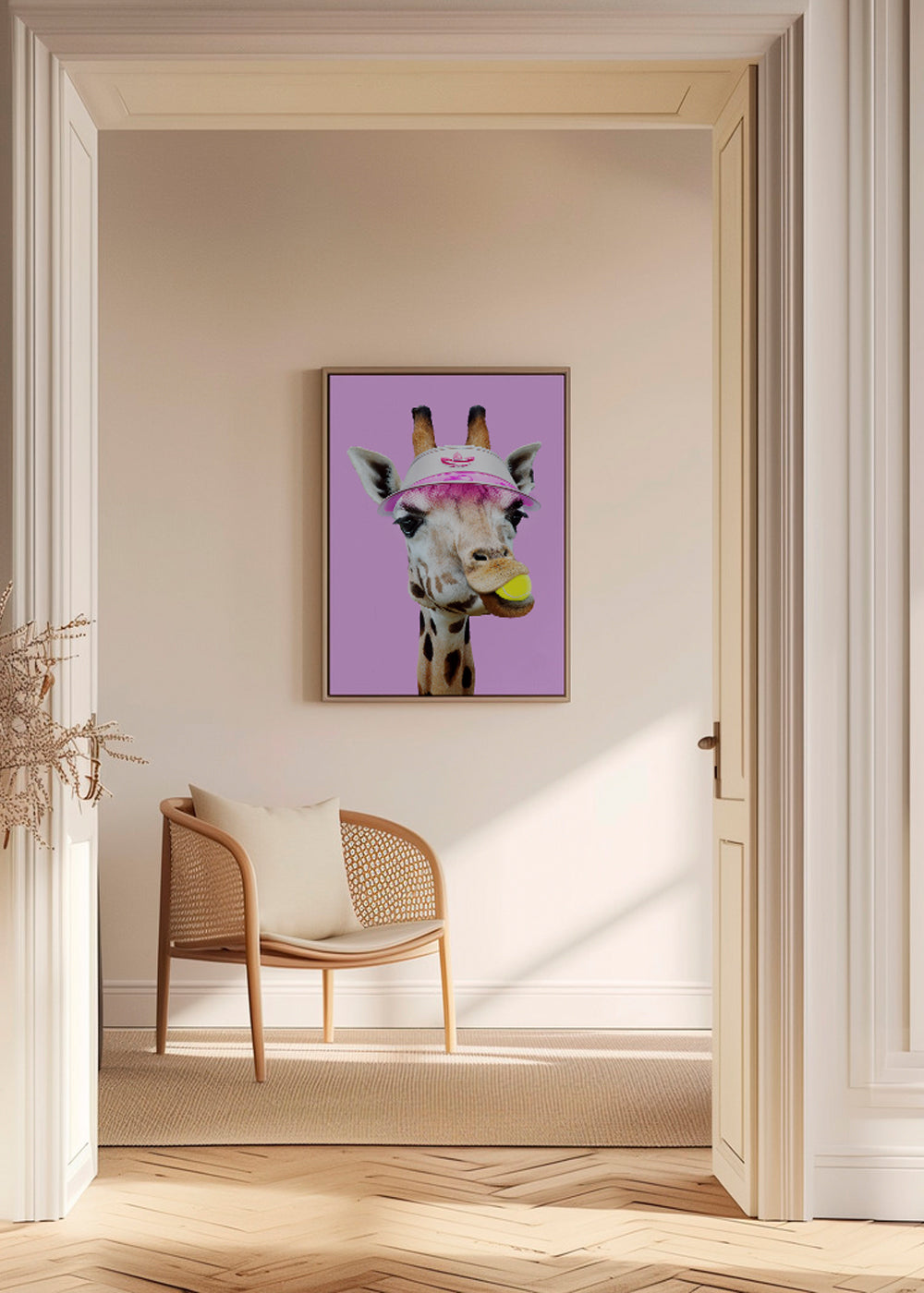 Giraff-tennisporträtt med rosa visir