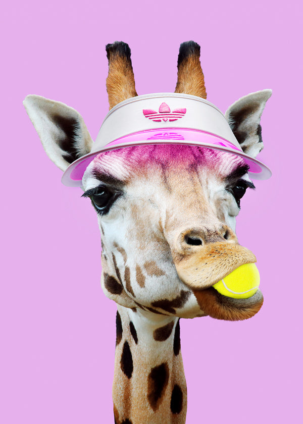 Giraff-tennisporträtt med rosa visir