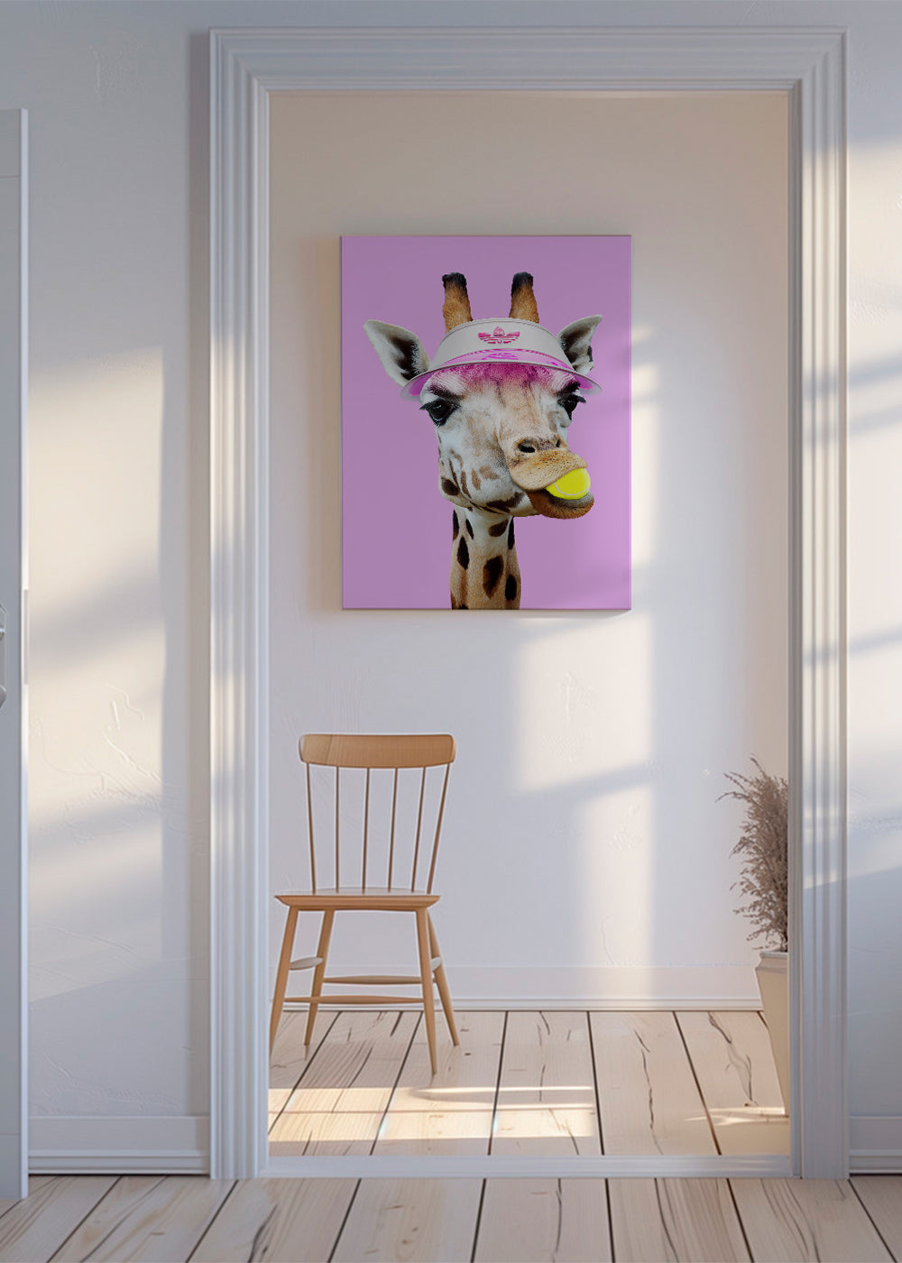 Giraff-tennisporträtt med rosa visir