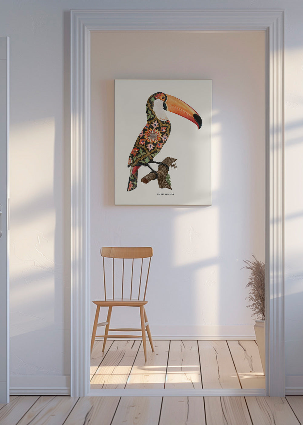 Boho-tukan med mönstrad fjäderdräkt