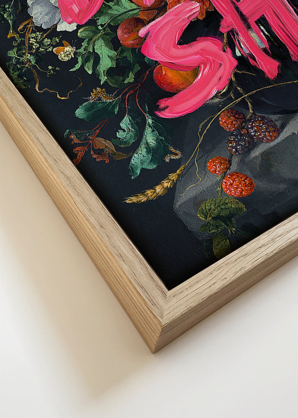 Botanisk poster med djärv typografi över stilleben