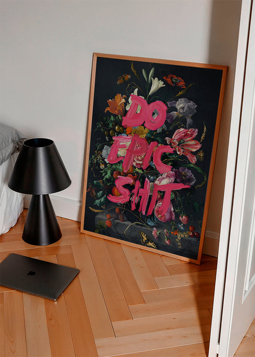 Botanisk poster med djärv typografi över stilleben