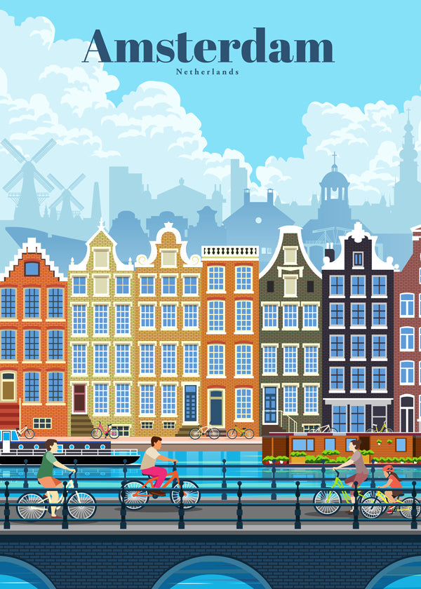 Reseaffisch Amsterdam kanal med cyklar