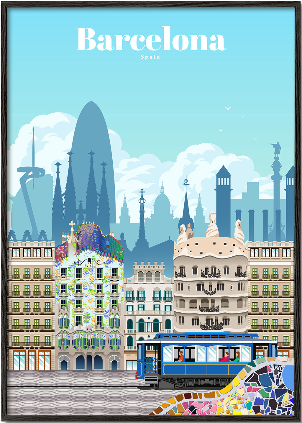 Reseaffisch Barcelona illustrerat stadslandskap