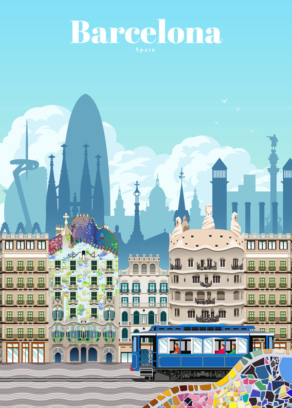 Reseaffisch Barcelona illustrerat stadslandskap
