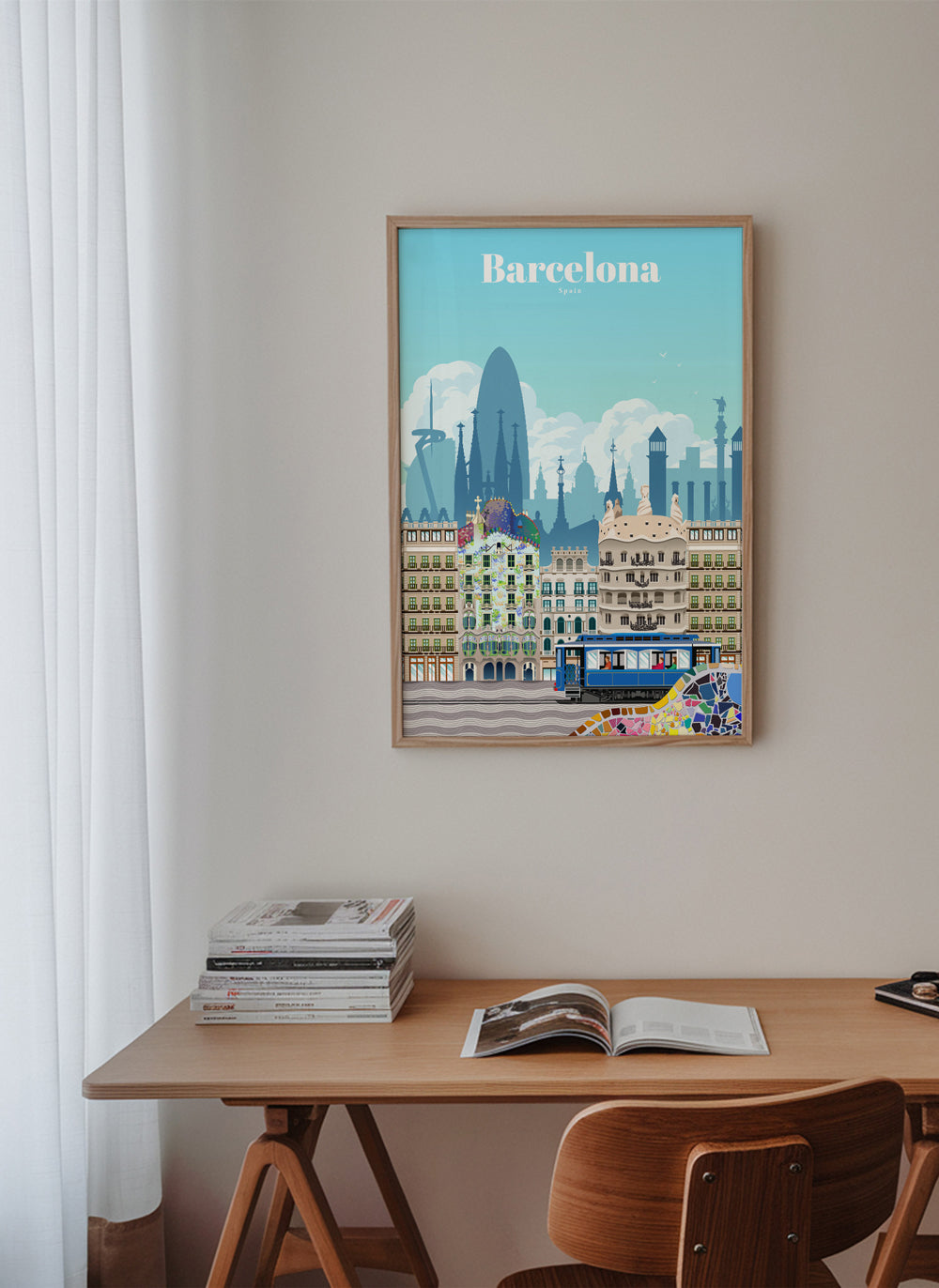 Reseaffisch Barcelona illustrerat stadslandskap