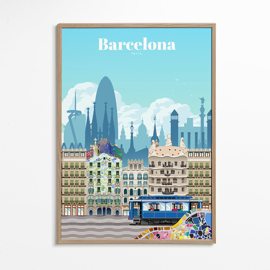 Reseaffisch Barcelona illustrerat stadslandskap