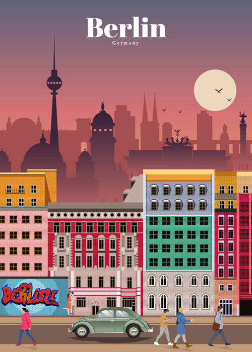 Reseaffisch Berlin: illustrerad stads-skyline