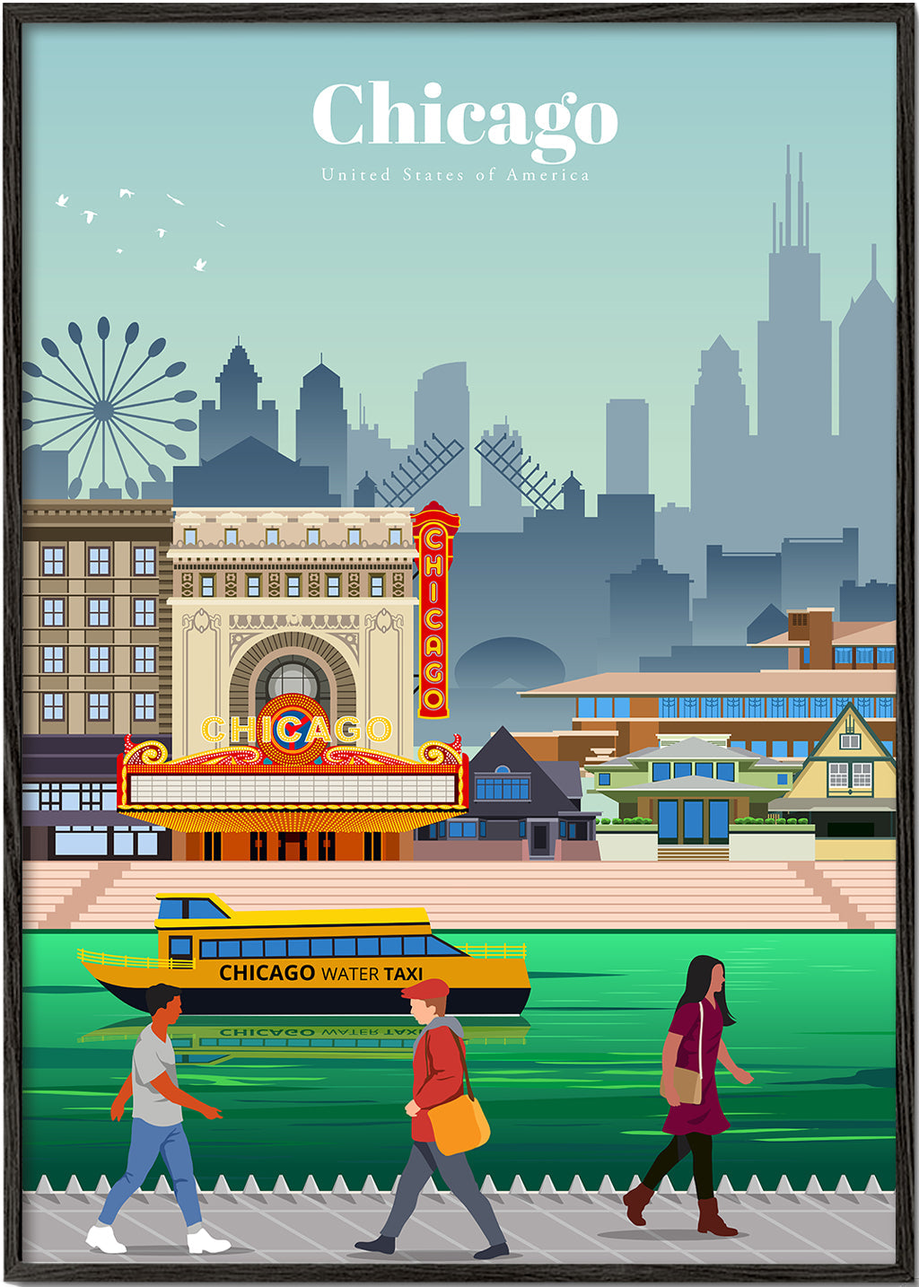 Reseaffisch: Chicagos skyline med vattentaxi