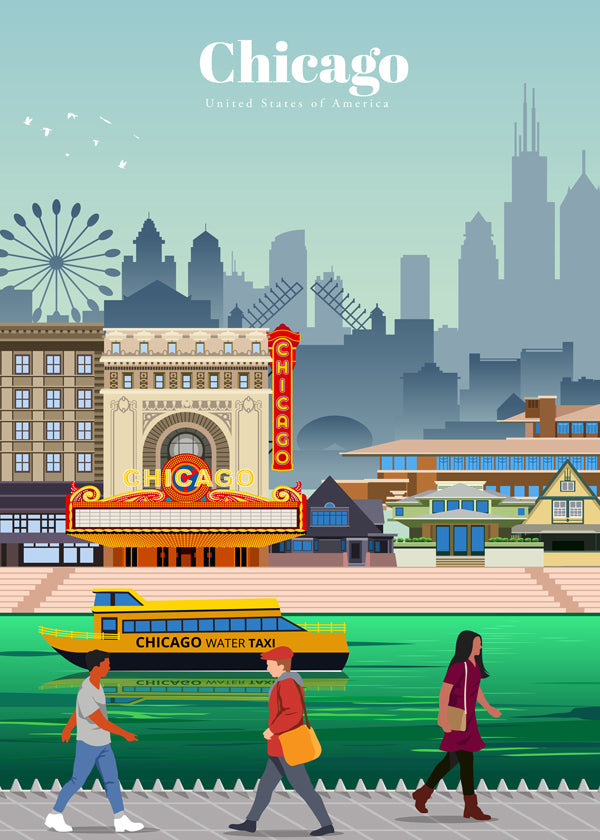 Reseaffisch: Chicagos skyline med vattentaxi