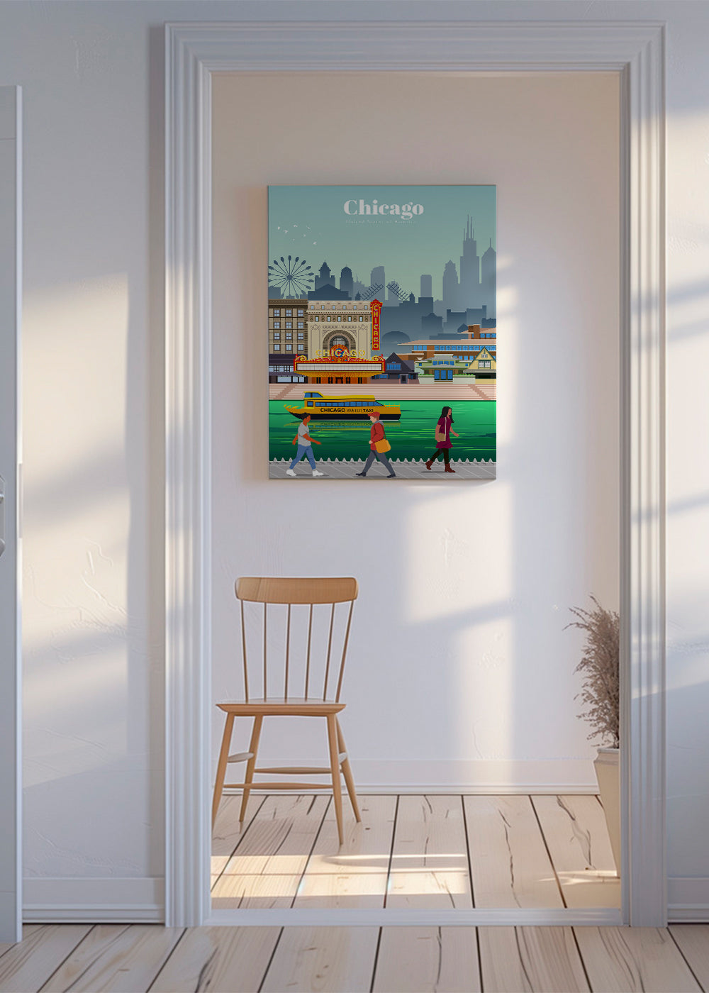 Reseaffisch: Chicagos skyline med vattentaxi