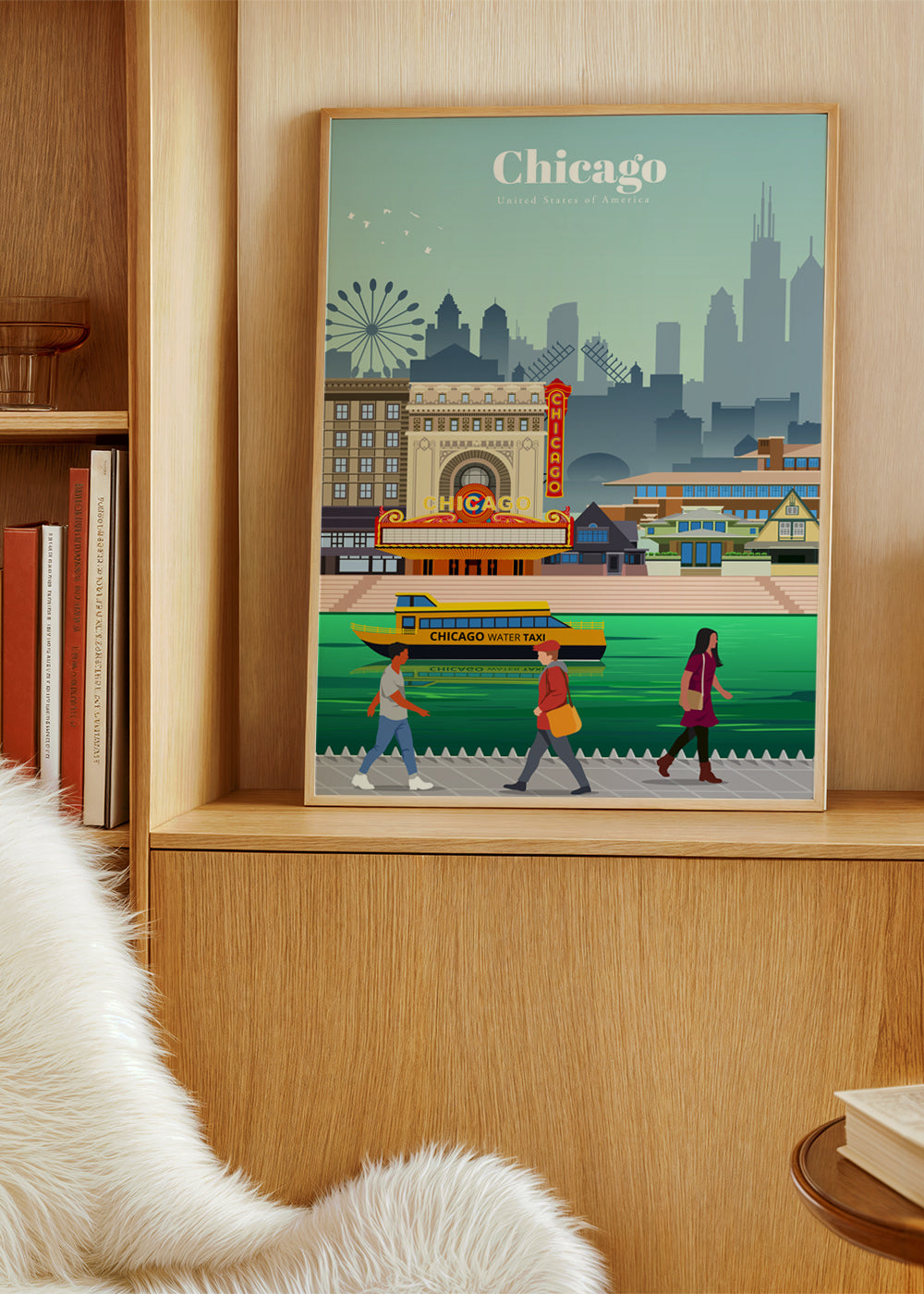 Reseaffisch: Chicagos skyline med vattentaxi