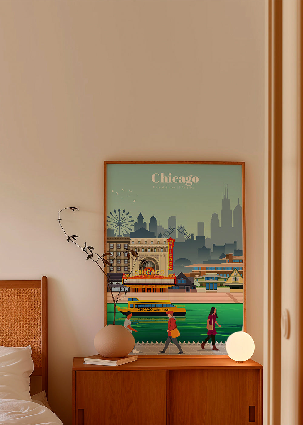 Reseaffisch: Chicagos skyline med vattentaxi