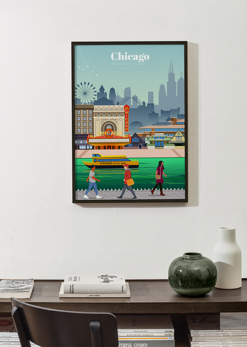 Reseaffisch: Chicagos skyline med vattentaxi