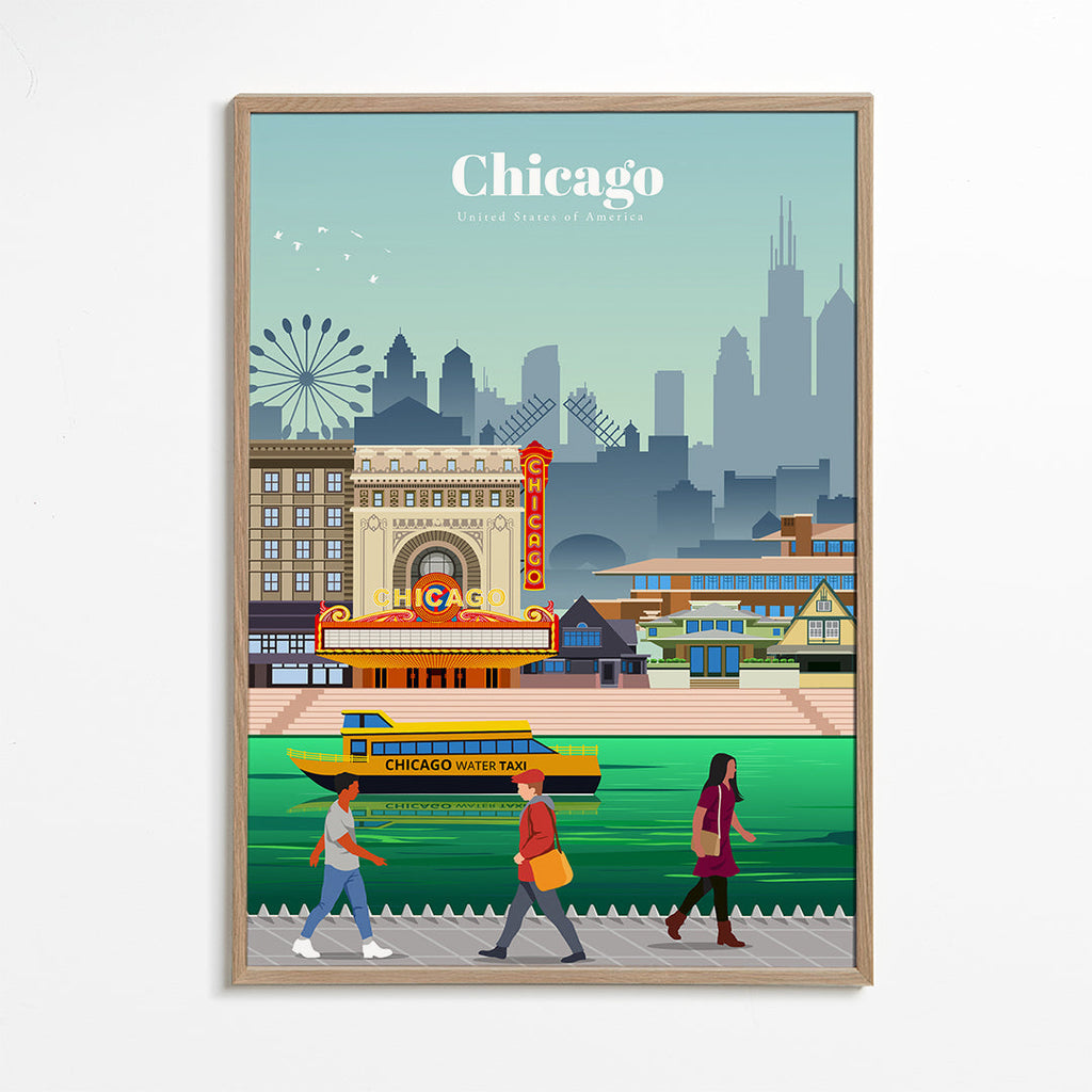 Reseaffisch: Chicagos skyline med vattentaxi