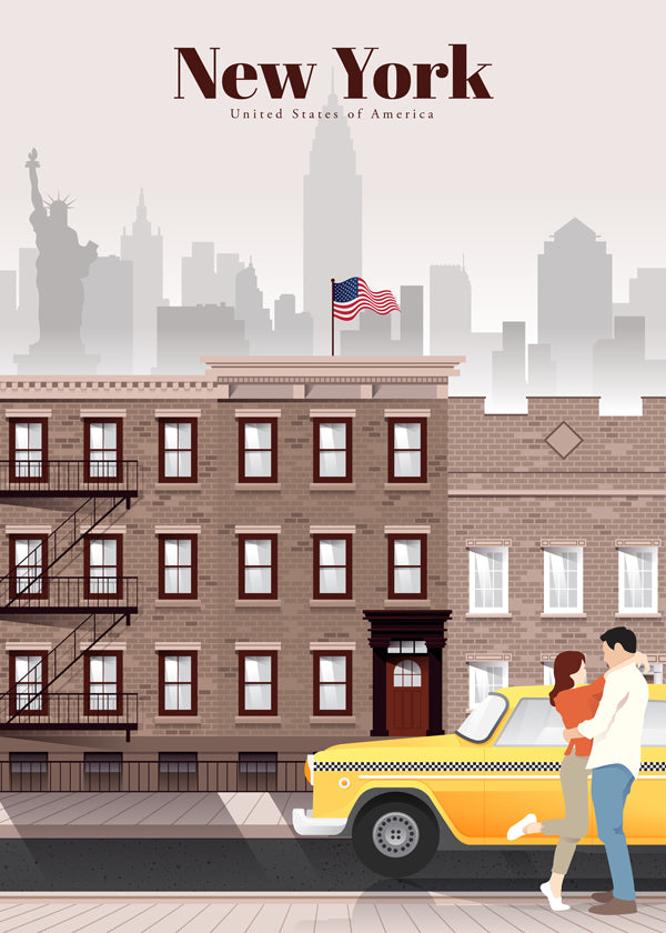 Reseaffisch New York taxi och par