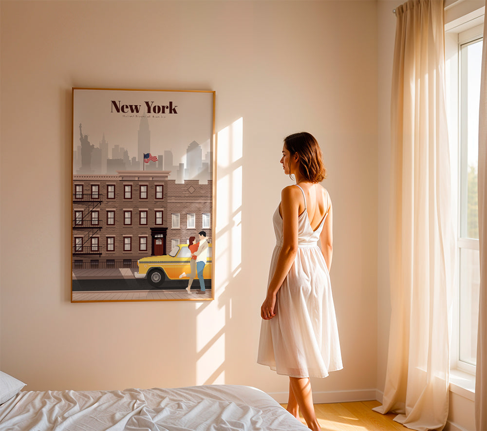 Reseaffisch New York taxi och par