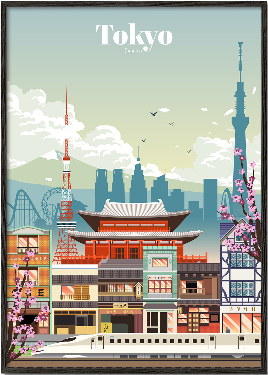 Tokyo stadsposter med tempel och shinkansen
