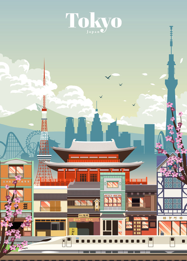 Tokyo stadsposter med tempel och shinkansen