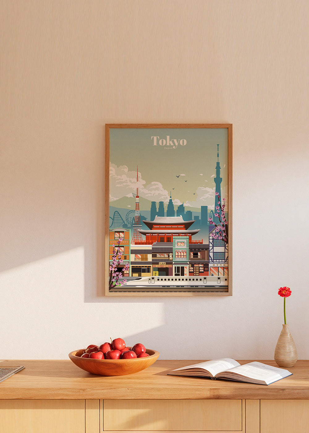 Tokyo stadsposter med tempel och shinkansen