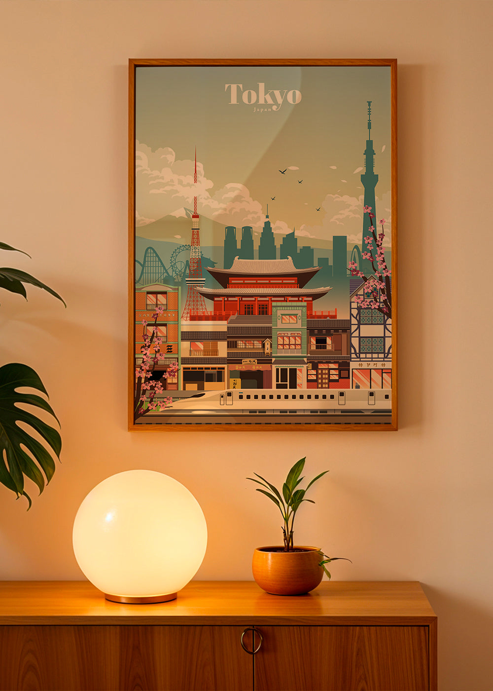 Tokyo stadsposter med tempel och shinkansen