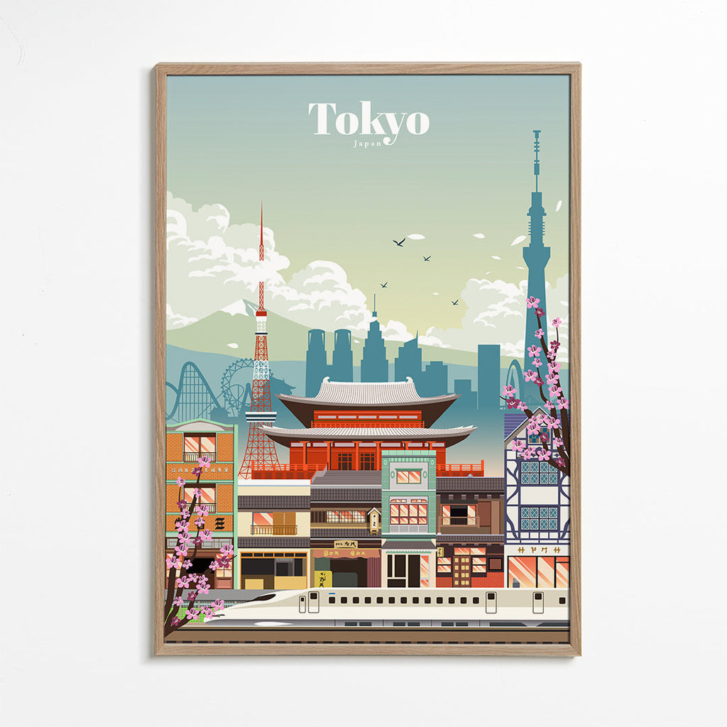 Tokyo stadsposter med tempel och shinkansen