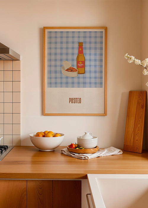 Kökskonst med ölflaska och plockmat