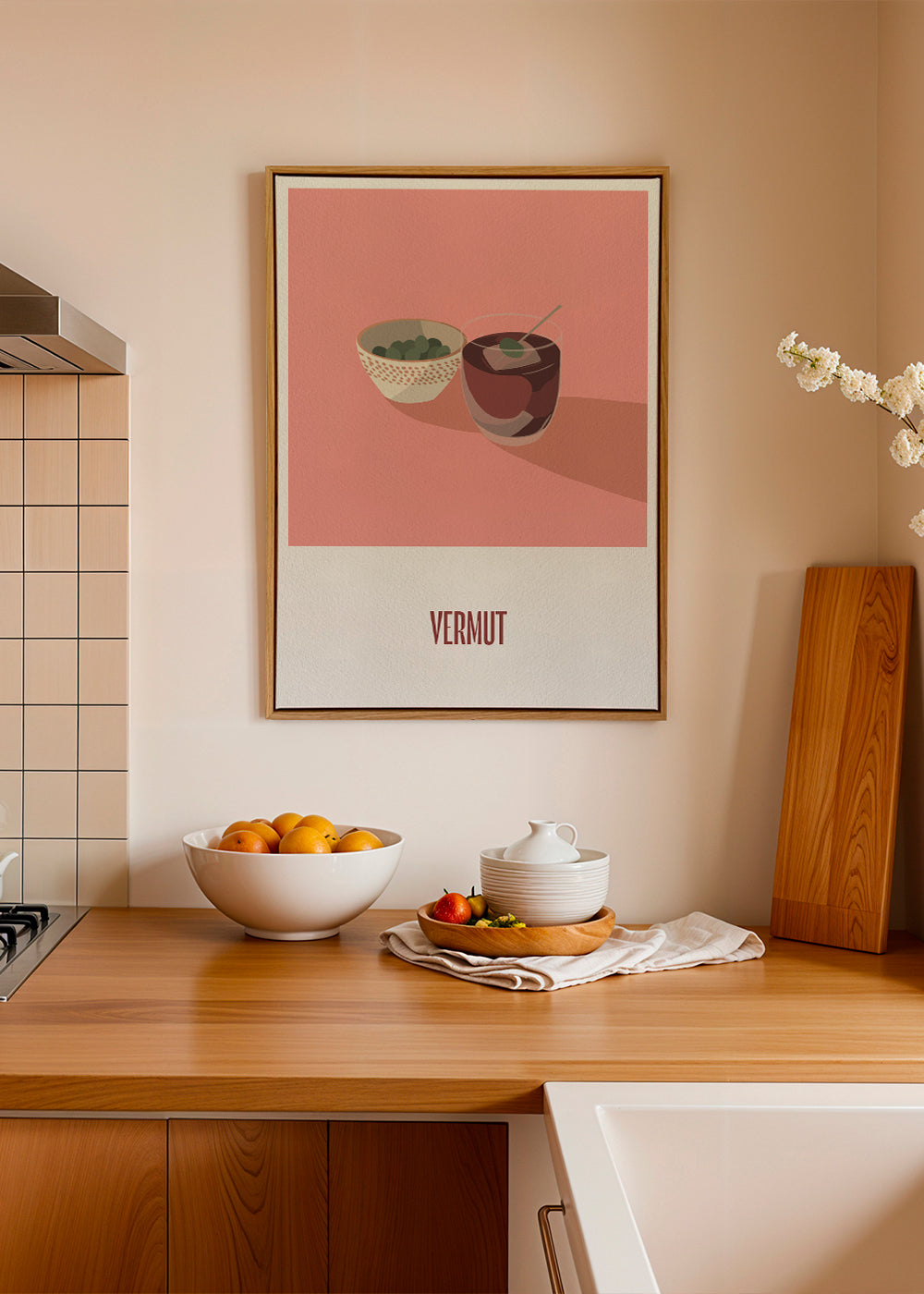 Kökskonst Vermut och oliver minimalistisk illustration